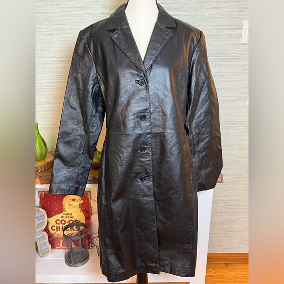 VTG David Benjamin Leather Trench Coat Jacket Womens Size 14 Long Sleeve Black - Picture 2 of 9
